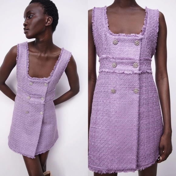 Zara Tweed Double-Breasted Rhinestone Dress Light Purple - Picture 4 of 5